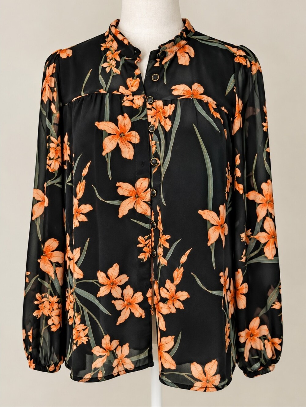 Les Serain Black & Orange Floral Flowy Blouse XS